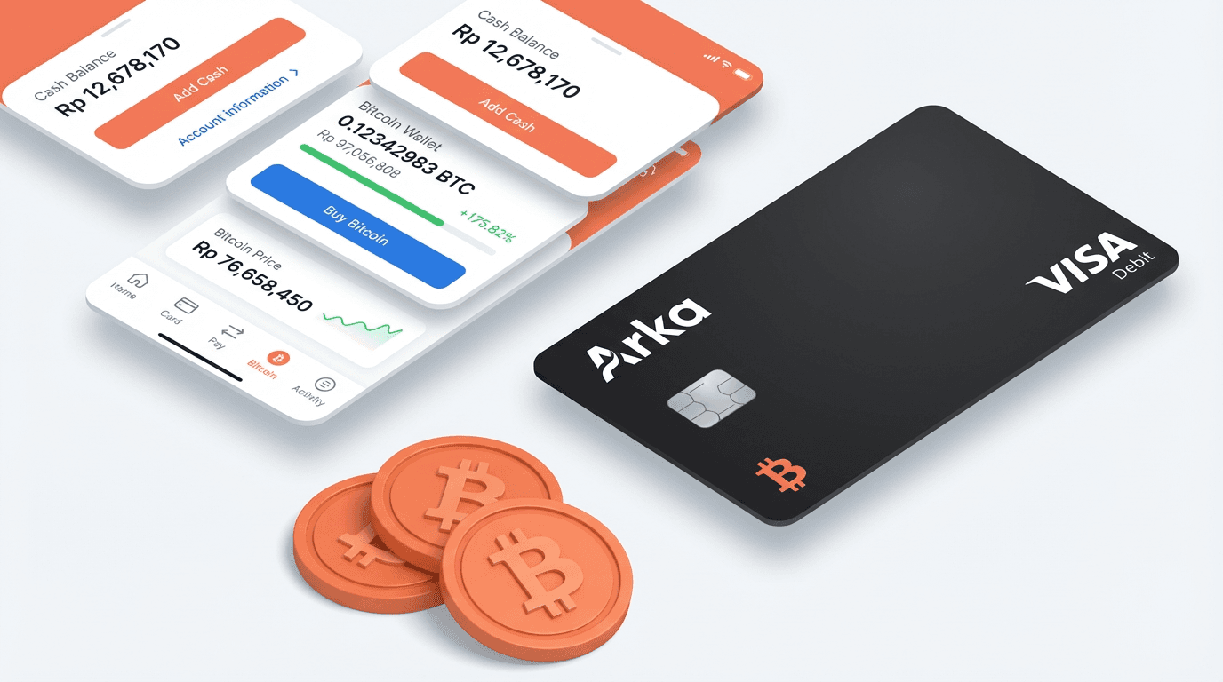 Arka Bitcoin Card with app screens showing BTC wallet, savings balance, and Bitcoin price chart