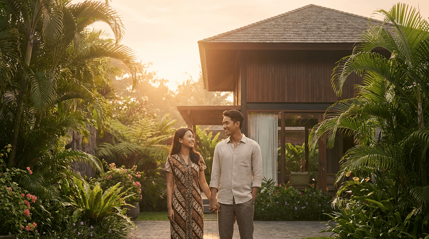 Young Indonesian couple in front of their dream tropical home at golden hour