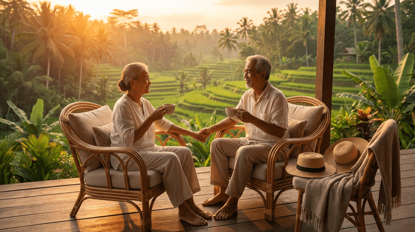 Retired Indonesian couple enjoying coffee overlooking Bali rice terraces at sunset
